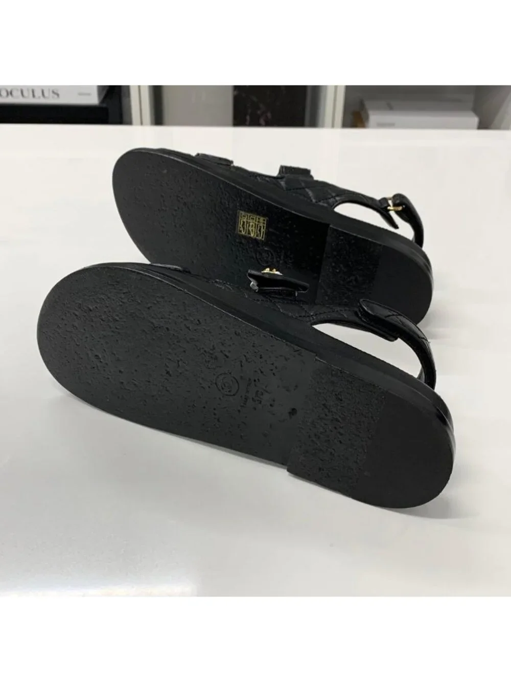 Chanel CC Logo Quilted Camellia Rhinestone Leather Sandals